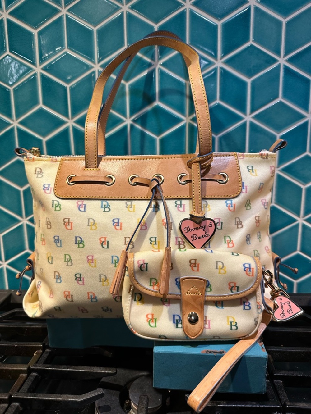 Dooney & Bourke Multicolor DB Monogram Canvas Tote with Tan Leather Trim